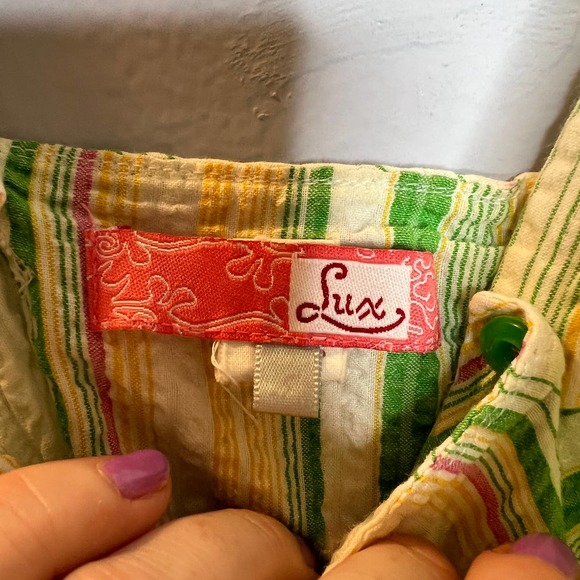 Lux Dress Yellow Green Striped Full Skirt Spaghetti Straps 100% Cotton Small - Picture 3 of 4